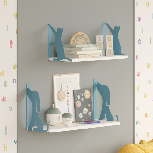 Hunter Dog & Tiger Cat Metal Wall Shelves (50cm and 60cm) - Blue (Set of 2) 