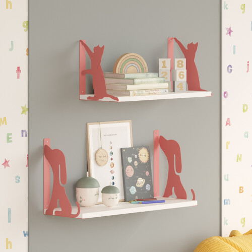 Hunter Dog & Tiger Cat Metal Wall Shelves (50cm and 60cm) - Pink (Set of 2) 