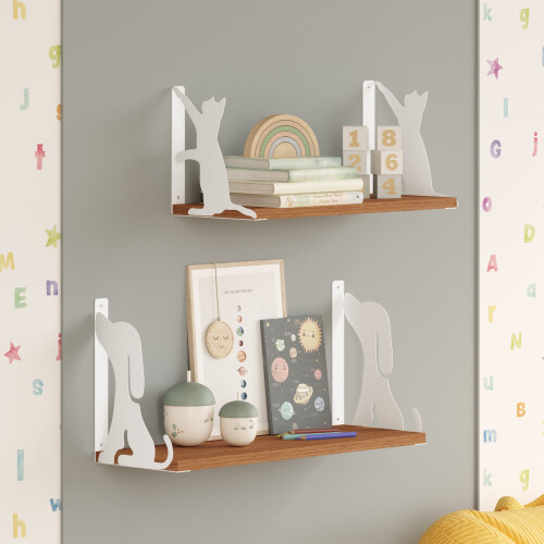 Hunter Dog & Tiger Cat Metal Wall Shelves (50cm and 60cm) - White (Set of 2) 