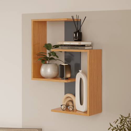 Lisbon 3-Tier Contemporary Wall Shelf - Bamboo/Anthracite 