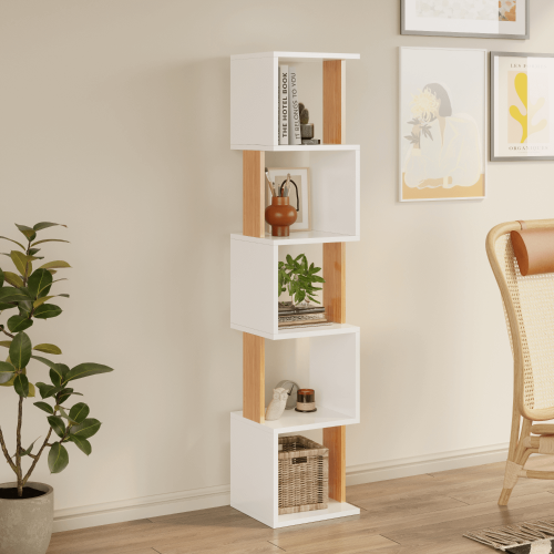 Milan 5-Tier Dual-Color Bookcase - White/Bamboo 