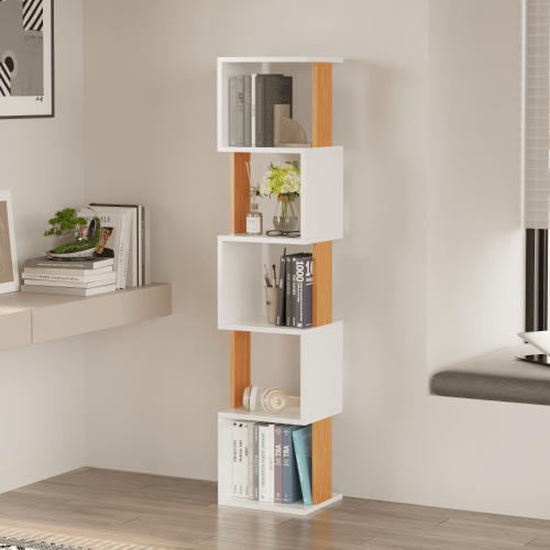 Milan 5-Tier Dual-Color Bookcase - White/Bamboo - 2