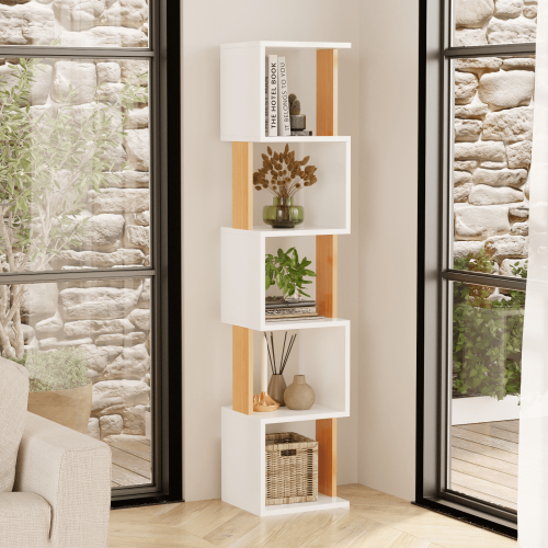 Milan 5-Tier Dual-Color Bookcase - White/Bamboo - 3