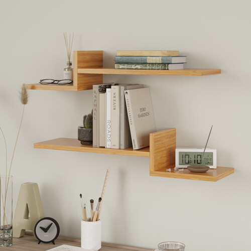 Mykonos Contemporary Wall Shelf - 2-Pack - Bamboo 